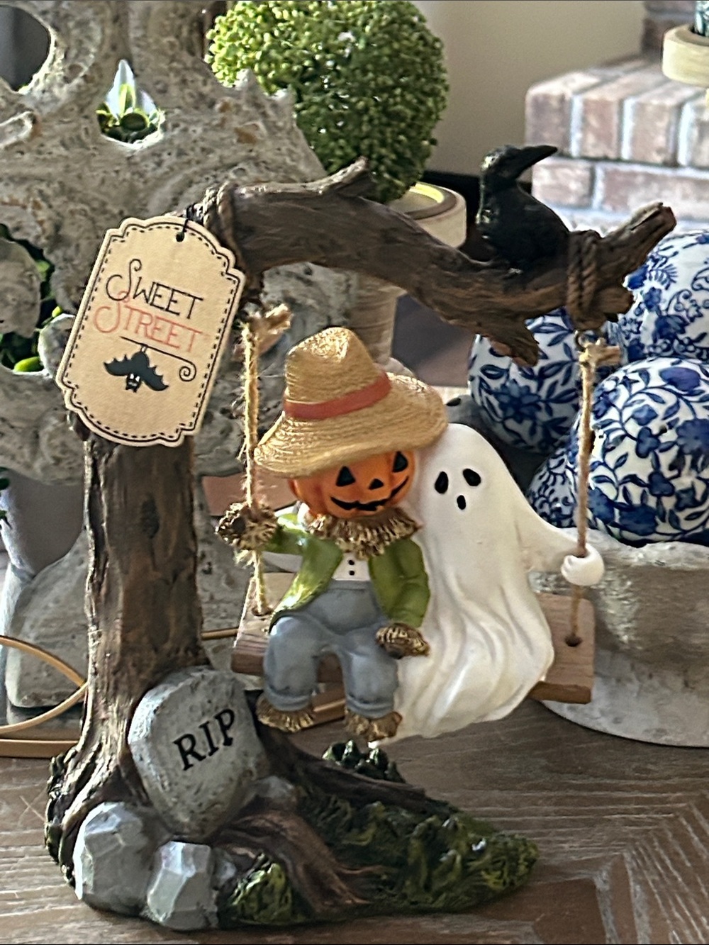 NEW! Vintage Inspired Halloween Pumpkin Head Scarecrow & Ghost Swing Figurine